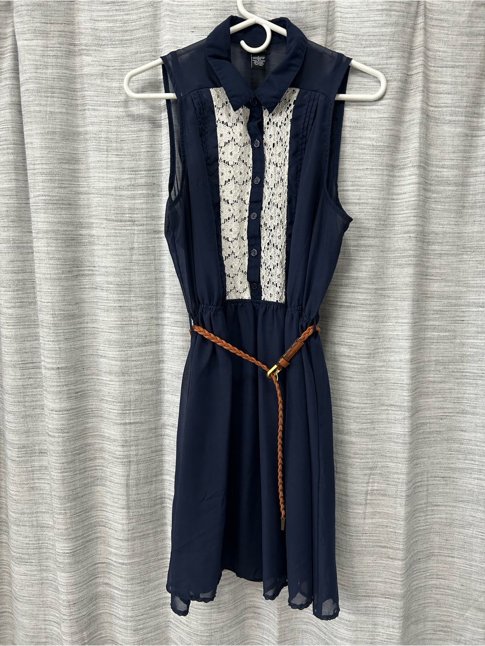 Rue21 Navy Sleeveless Lace-Front Mini Dress with Braided Belt size large